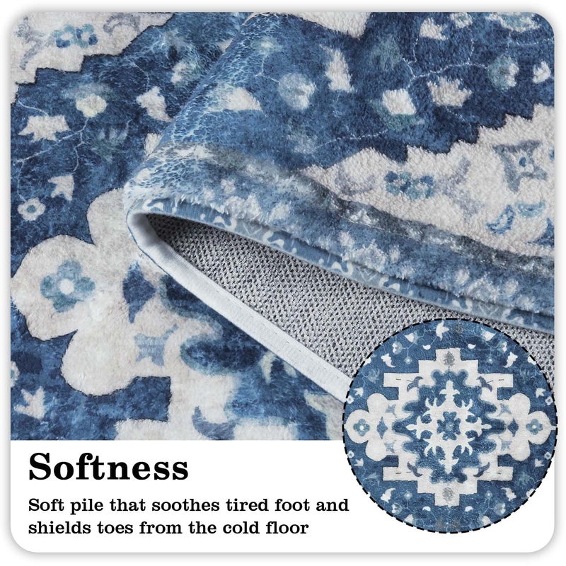 Uphome Boho Bathroom Rugs Blue Vintage Non-Slip Bath Rug Oriental Soft Machine Washable Bathroom Mat Cute Tribal Floral Bath Mats for Bathroom Decor for Sink Shower Toilet  20x31 inch - Image 1