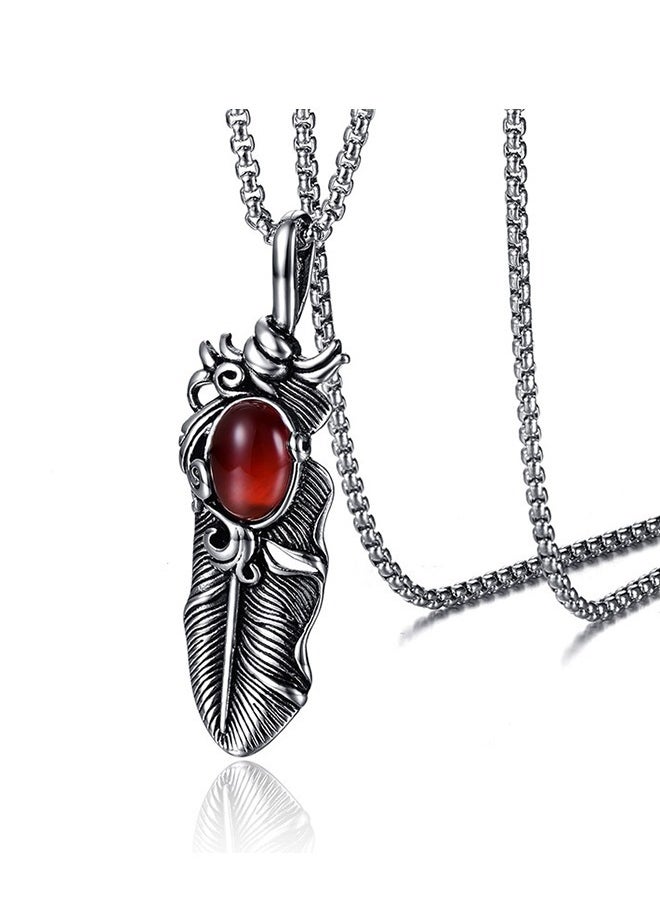 Beyond Feather Pendant Necklace, Anti Rust and Anti Fading Stainless Steel Necklace, Fashion Gift for Man (Silver+Red)  - Image 1