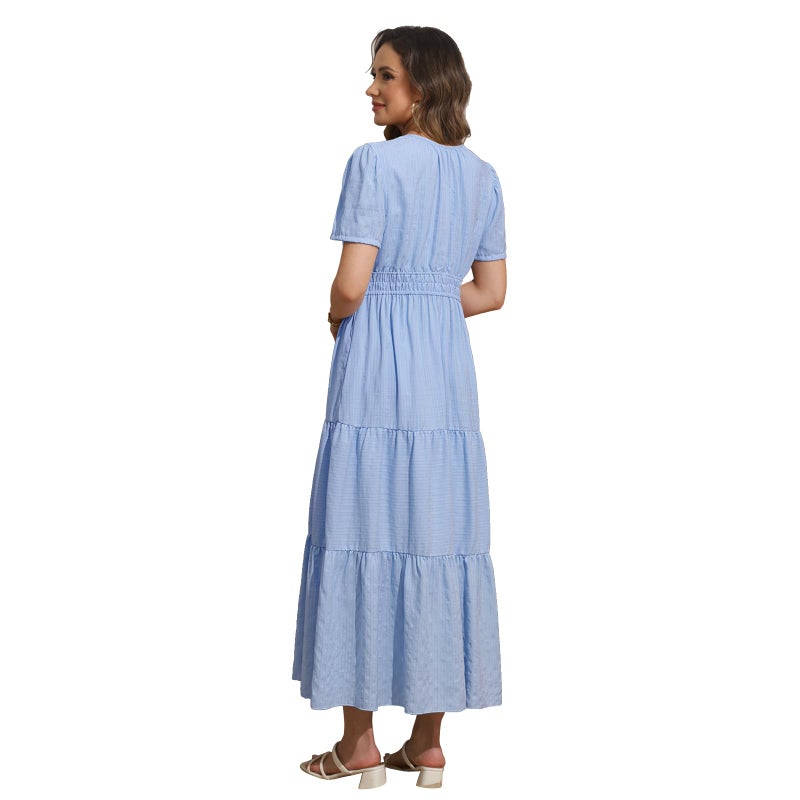 Rainday Womens Casual Maxi Dresses Fashion Holiday Short Sleeved Elastic Waist Beach Boho Dress with Pockets(Z3918BU,S) - Image 4