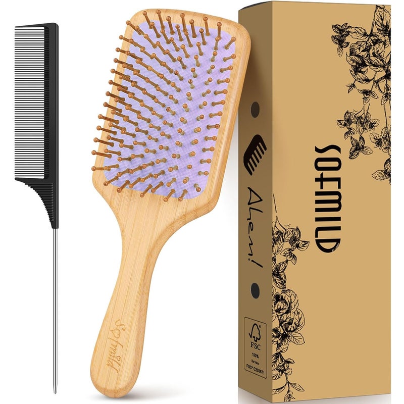 Bamboo Wooden Paddle Hair BrushBamboo Wood Bristles Detangling Hairbrush for Women Men Massaging Scalp Hair Growth