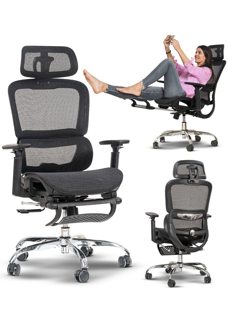 DROGO كرسي مكتب مريح للعمل من المنزل، كرسي كمبيوتر مع شبكة قابلة للتنفس، مقعد قابل للتعديل، مسند للقدم، مسند ذراع ثلاثي الأبعاد، مسند رأس ثنائي الأبعاد ودعم قطني | كرسي شبكة للمكتب/المنزل باللون الأسود - Image 1