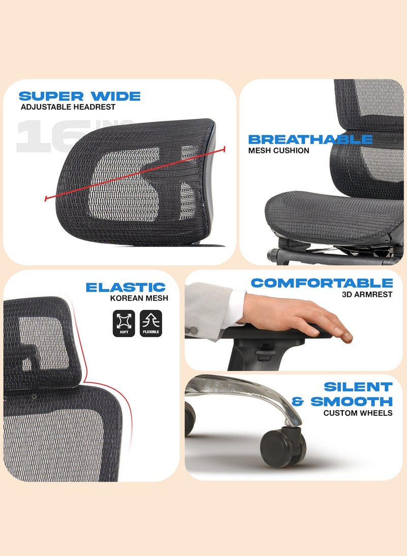 DROGO كرسي مكتب مريح للعمل من المنزل، كرسي كمبيوتر مع شبكة قابلة للتنفس، مقعد قابل للتعديل، مسند للقدم، مسند ذراع ثلاثي الأبعاد، مسند رأس ثنائي الأبعاد ودعم قطني | كرسي شبكة للمكتب/المنزل باللون الأسود - Image 4