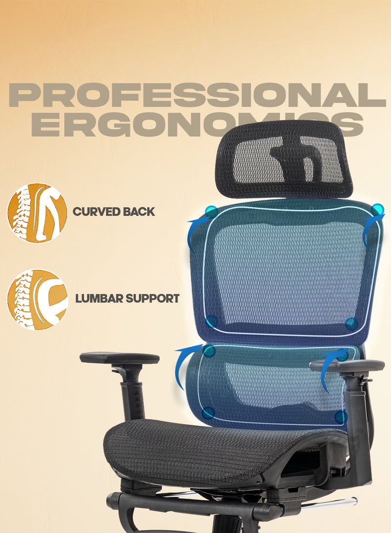 DROGO كرسي مكتب مريح للعمل من المنزل، كرسي كمبيوتر مع شبكة قابلة للتنفس، مقعد قابل للتعديل، مسند للقدم، مسند ذراع ثلاثي الأبعاد، مسند رأس ثنائي الأبعاد ودعم قطني | كرسي شبكة للمكتب/المنزل باللون الأسود - Image 2