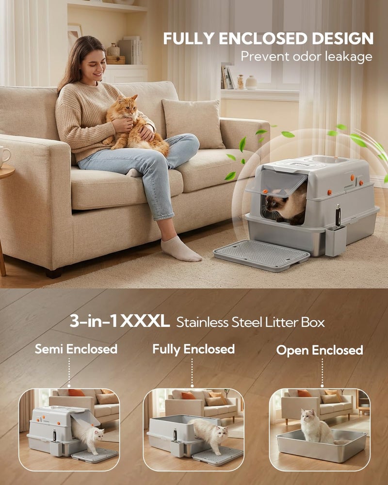 Soulbond XXXL Stainless Steel Litter Box with Lid, 27.5" L x 19.7" W x 16.5" H Large Covered Metal Jumbo Cat Litter Box Enclosed for Large and Multi-Cat Families, Easy to Clean - Image 3