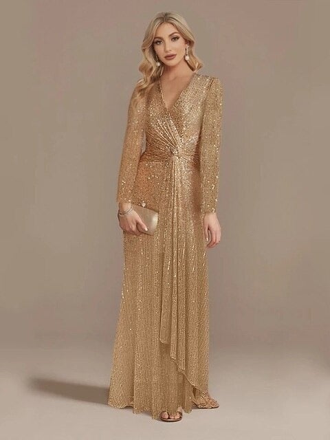 Europe and the United States cross-border new hot-selling dress spring solid color sequins long sleeve elegant socialite evening dress (5 colors) Gold  - Image 1