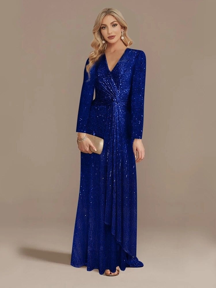 Europe and the United States cross-border new hot-selling dress spring solid color sequins long sleeve elegant socialite evening dress (5 colors) Gold  - Image 3