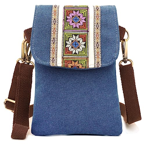 SILKAREA Boho Embroidered Canvas Small Crossbody Bag Cell Phone Purse for Women Wristlet Wallet Shoulder Bag (Navy Blue) - Image 1