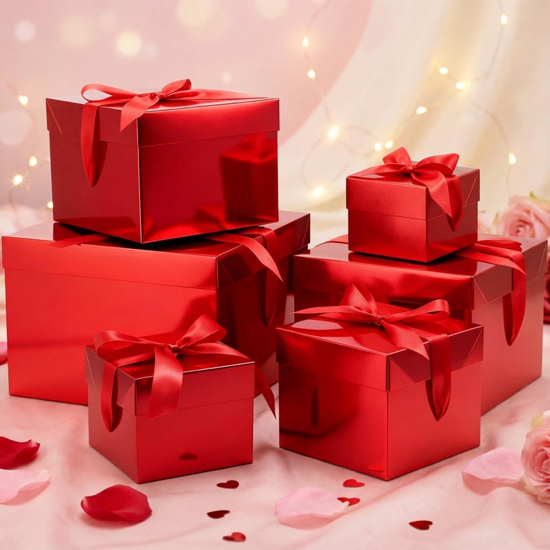 Cholemy 6 Pcs Nesting Gift Boxes with Lid Square Nesting Gift Boxes for Presents Packaging with Ribbon Easter Anniversaries Bridal Shower Birthday Wedding Party FavorRed - Image 2
