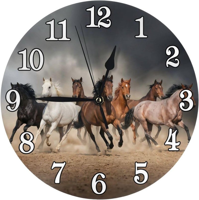 Abucaky Running Horses Wall Clock Battery Operated Silent Round Clock Wall Decor for Home Office School, 9.8 Inch - Image 1