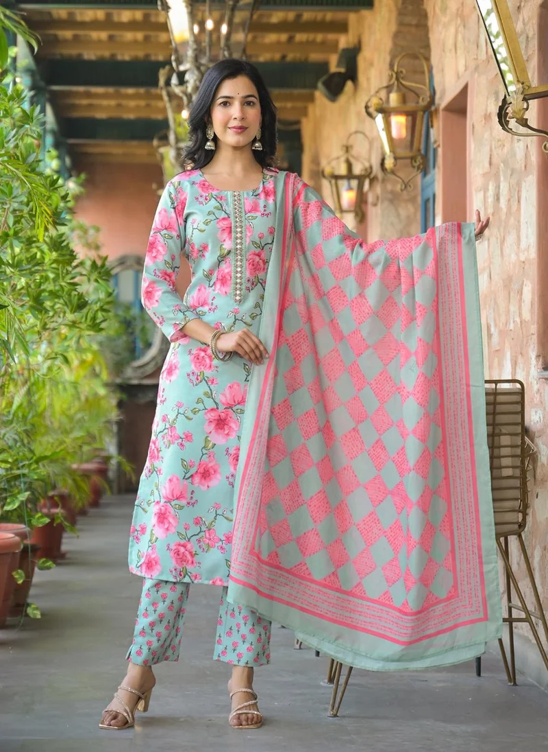 زيري سوق Green & Pink Rayon Blend Floral Printed 3-Piece Kurta Set