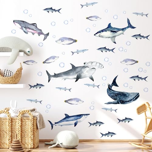 Buiory Sharks Wall Stickers Watercolor Sharks Wall Decals Peel and Stick Wall Decals Shark Party Decorations Removable Shark Decorations for Kids Boys Room Nursery Home Decor - Image 1