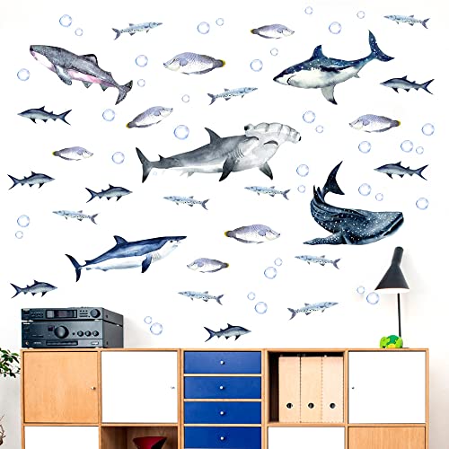 Buiory Sharks Wall Stickers Watercolor Sharks Wall Decals Peel and Stick Wall Decals Shark Party Decorations Removable Shark Decorations for Kids Boys Room Nursery Home Decor - Image 5