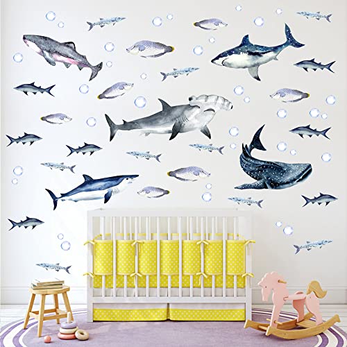 Buiory Sharks Wall Stickers Watercolor Sharks Wall Decals Peel and Stick Wall Decals Shark Party Decorations Removable Shark Decorations for Kids Boys Room Nursery Home Decor - Image 3