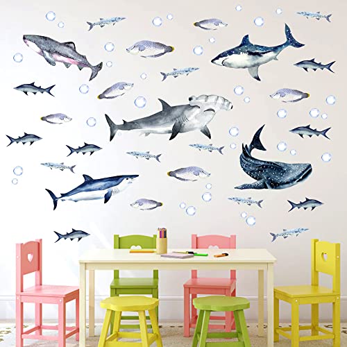 Buiory Sharks Wall Stickers Watercolor Sharks Wall Decals Peel and Stick Wall Decals Shark Party Decorations Removable Shark Decorations for Kids Boys Room Nursery Home Decor - Image 4