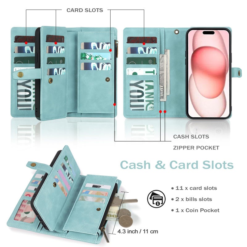 TwoHead Wallet Case Compatible with iPhone 15,Detachable Magnetic Phone Case,All-Round Protective Leather Phone Case with Card Holder,6.1 in,Blue - Image 4