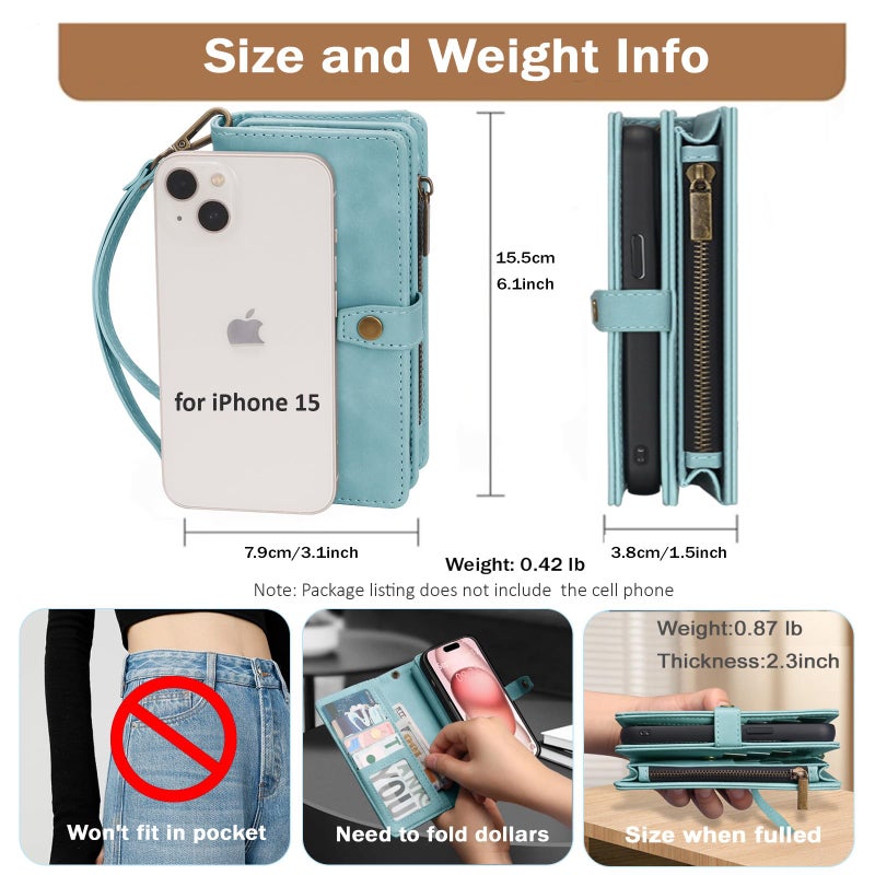 TwoHead Wallet Case Compatible with iPhone 15,Detachable Magnetic Phone Case,All-Round Protective Leather Phone Case with Card Holder,6.1 in,Blue - Image 5