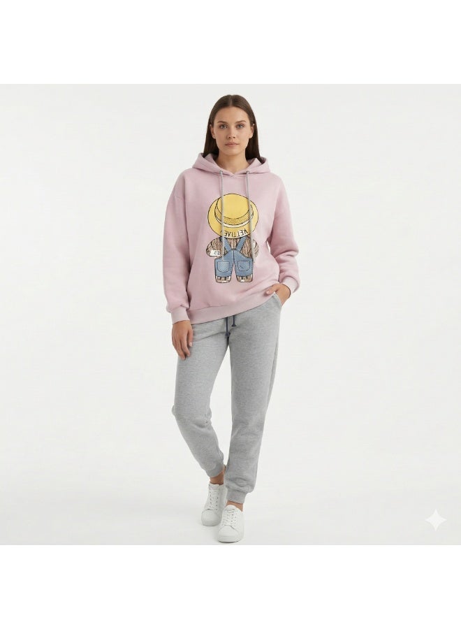Women's sportswear set, pink and gray, with a cartoon print, suitable for weights from 50 to 70 kg