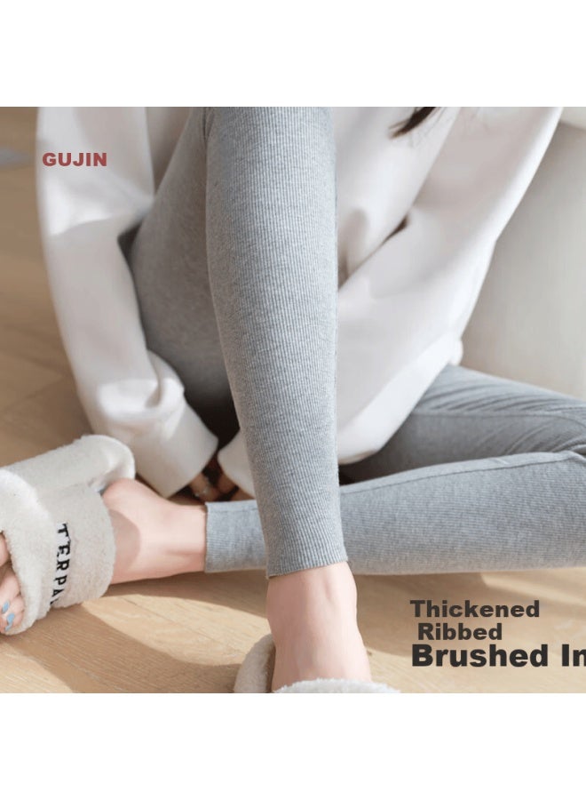 Gujin High Waist Ribbed Thermal Leggings For Women Autumn Winter Slim Fit Cotton Warm Pants Gray XL - Image 2