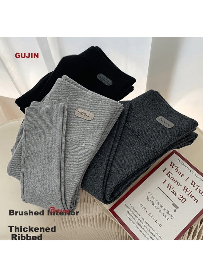 Gujin High Waist Ribbed Thermal Leggings For Women Autumn Winter Slim Fit Cotton Warm Pants Gray XL - Image 3