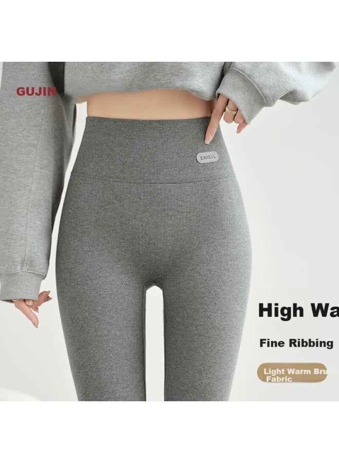 Gujin High Waist Ribbed Thermal Leggings For Women Autumn Winter Slim Fit Cotton Warm Pants Gray XL - Image 1