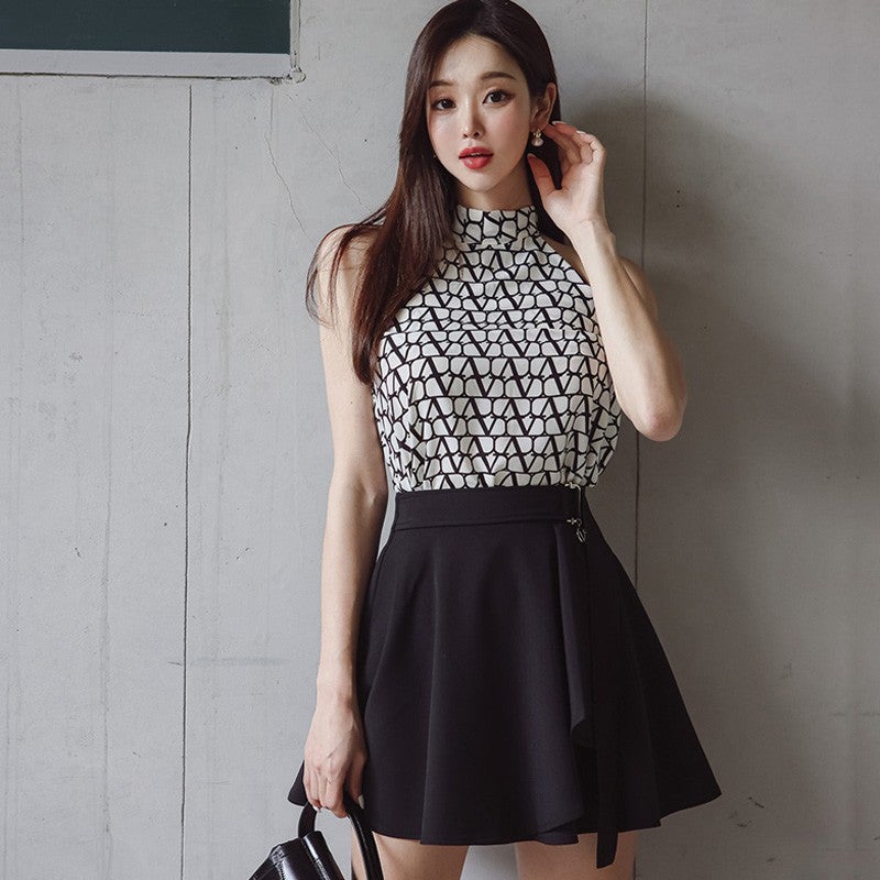 Chic Printed Top  High-Waist Ruffle Skirt Set Picture Color (Set)