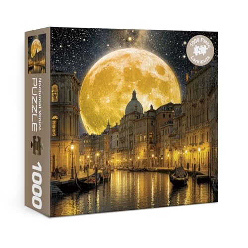 Larkipuzz Venice Scenic Puzzles for Adults 1000 Pieces Vintage Pretty Nature Landscape Starry Night Jigsaw Puzzle Aesthetic Challenging Italy Moon Stars Puzzle - Image 1