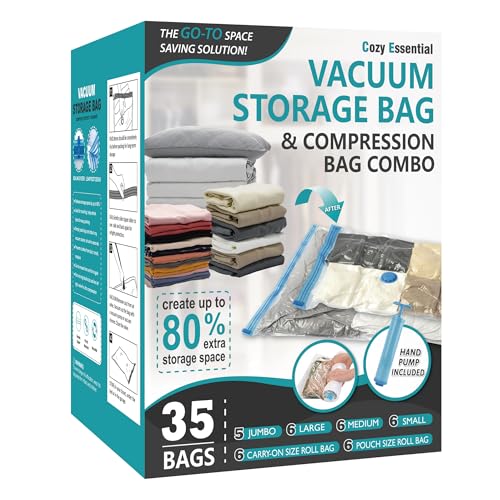 Cozy Essential 35 Pack Space Saver Bags (5 Jumbo/6 Large/6 Medium/6 Small/6 Roll-M/6 Roll-S) Compression Storage Bags for Comforters and Blankets, Vacuum Sealer Bags for Clothes Storage, Hand Pump Included - Image 1