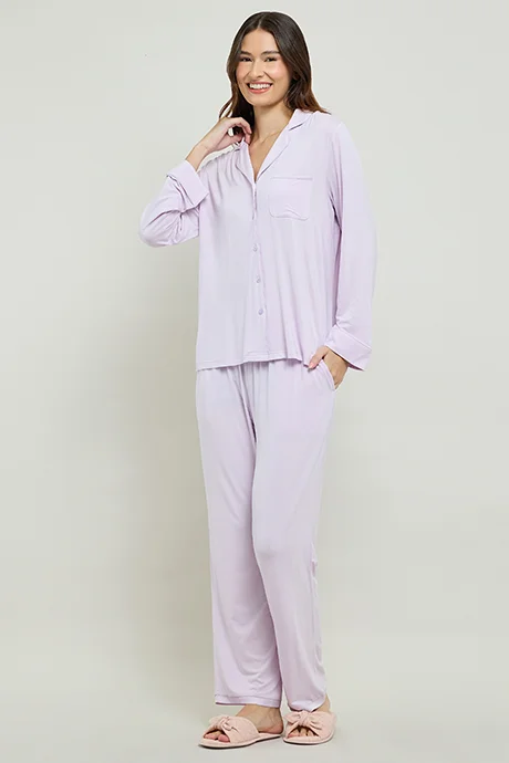 أر أند بي Solid Lapel Collar Pyjama Set