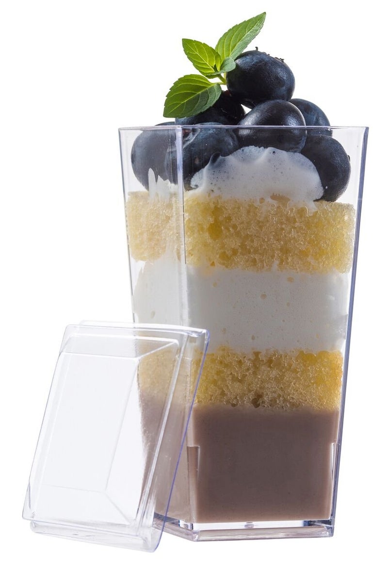 zappy Elegant Tall Square Mini Cube 3oz Clear Plastic Tasting Sample Shot Glasses Parfait Souffle Jello Mini Dessert Cups Dessert Glasses 3 oz Shooter Tumbler Party Cups Bowls With Lids 40 Ct