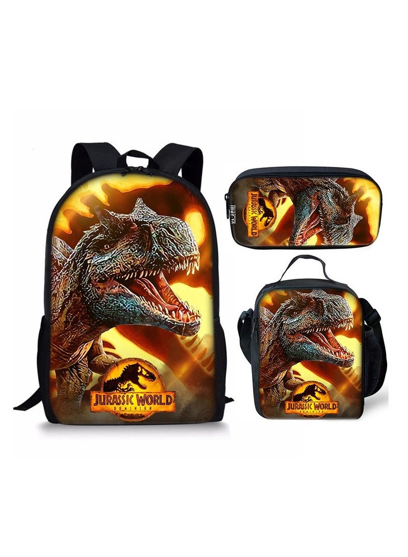 JURASSIC WORLD New Jurassic Park Dinosaur Three piece Set with Large Capacity Backpack, Student School Bag, Lunch Bag, Pen Bag - Image 1