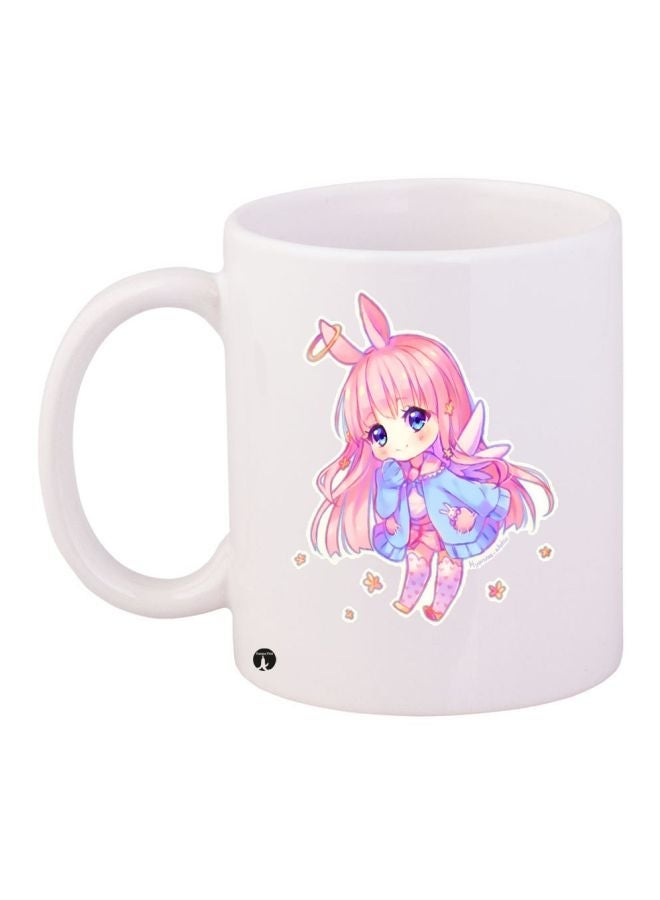 RYN Cartoon Girl Printed Coffee Mug White/Pink/Blue 11ounce