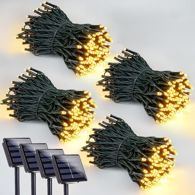 4 Pack 400 LED Solar String Lights for Outside, Solar Christmas Lights Outdoor Waterproof, Green Wire Twinkle Light with 8 Lighting Modes for Xmas Tree Wedding Party Garden Decorations (Warm White)