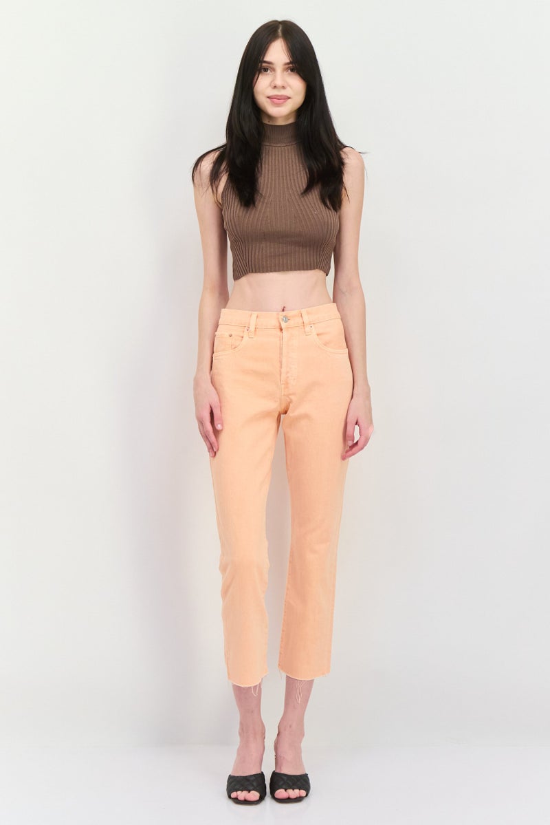 MANGO Women Straight Fit Washed Denim Jeans, Orange - Image 4