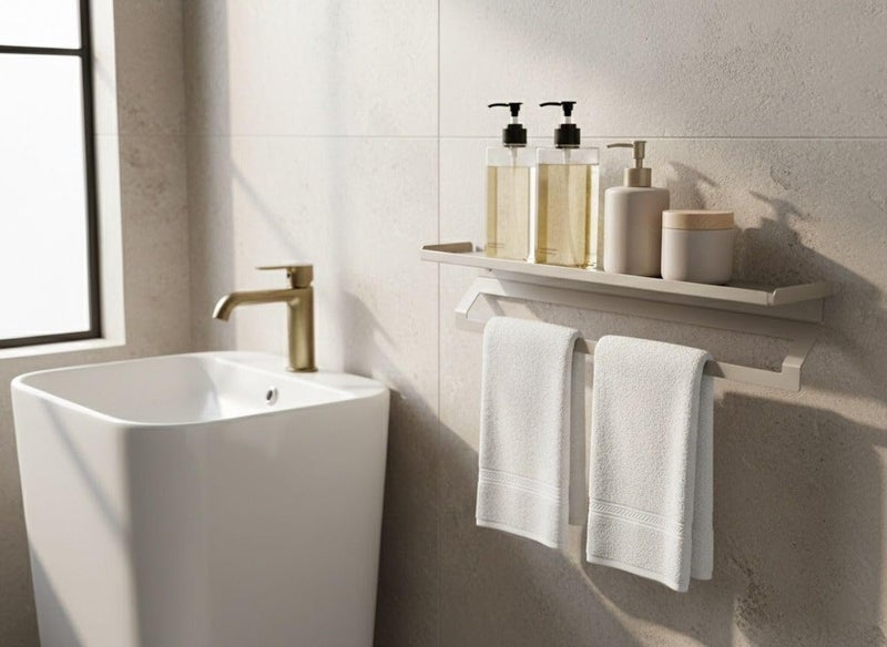 Towel Shelf Multi-Function No drill Towel Rack Steel shelf Bath Towel Rail (Cream White) - Image 2