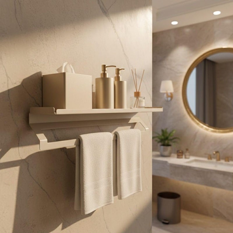 Towel Shelf Multi-Function No drill Towel Rack Steel shelf Bath Towel Rail (Cream White) - Image 3