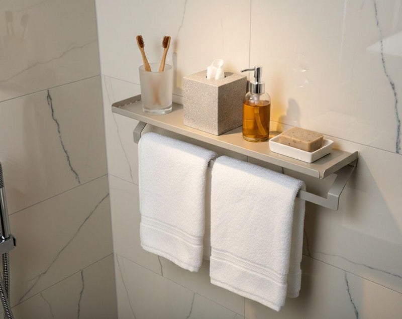 Towel Shelf Multi-Function No drill Towel Rack Steel shelf Bath Towel Rail (Cream White) - Image 1