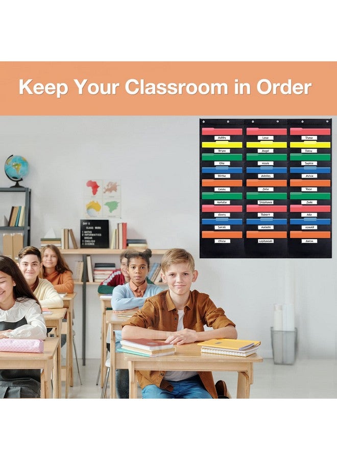 Opret 30 Pockets Storage Pocket Chart With 30 Nametag Pockets Hanging Wall File Organizer For File Folders With 5 Hangers For Classroom Office School Mailbox Organizer And Home (Black) - Image 5