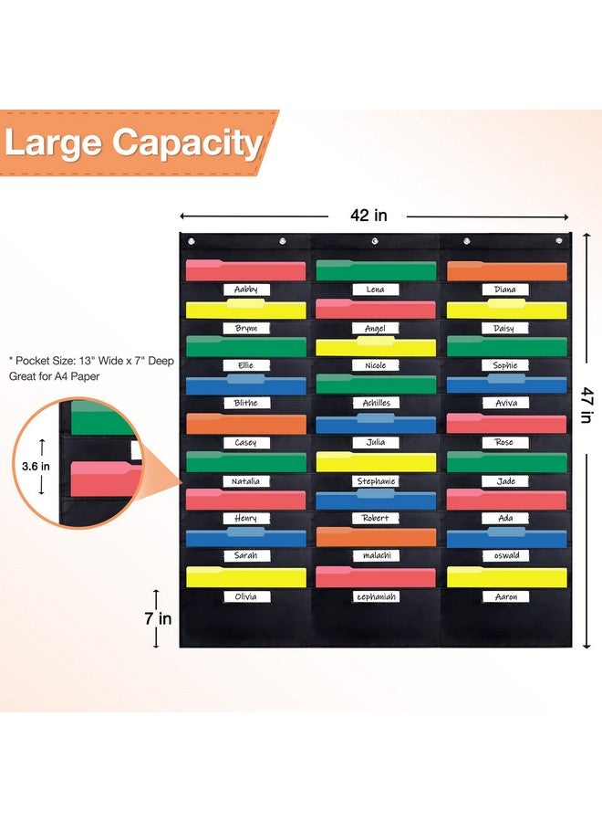 Opret 30 Pockets Storage Pocket Chart With 30 Nametag Pockets Hanging Wall File Organizer For File Folders With 5 Hangers For Classroom Office School Mailbox Organizer And Home (Black) - Image 2