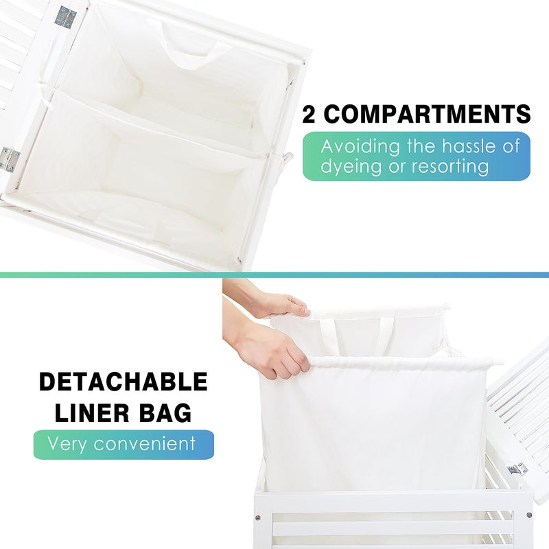 SMIBUY Double Laundry Hamper with Lid, 120L Bamboo Laundry Basket with Removable Liner Bag, 2-Section Clothes Divider Laundry Sorter for Laundry Room, Bathroom, Bedroom (White) - Image 4