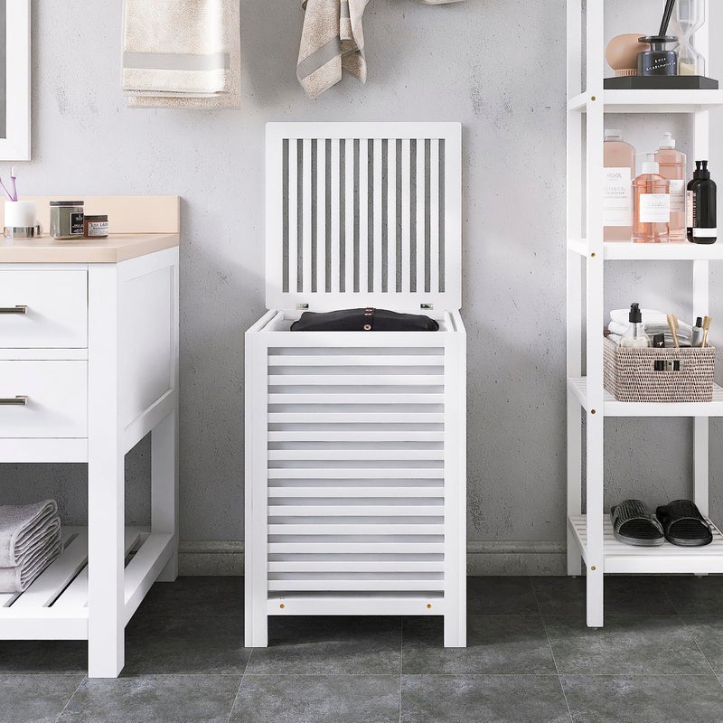 SMIBUY Double Laundry Hamper with Lid, 120L Bamboo Laundry Basket with Removable Liner Bag, 2-Section Clothes Divider Laundry Sorter for Laundry Room, Bathroom, Bedroom (White) - Image 2