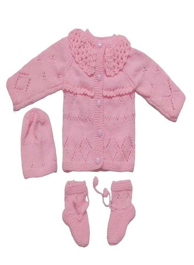 Cute Collection مجموعة لطيفة من كنزة صوفية مفتوحة من الأمام مصنوعة يدوياً مع قبعة وزوج من الجوارب لفصل الشتاء للأطفال من عمر 0 إلى 6 أشهر للأولاد والبنات (اللون: وردي) - Image 1