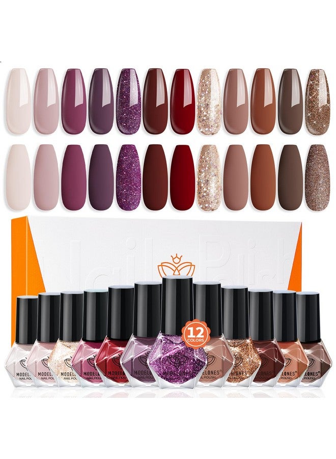 Modelones Nail Polish Set 12 Colors Burgundy Red New Year 2025 Nail Polish Set Champagne Gold Glitter Nail Polish Dark Red Purple Shimmer Brown Nail Valentines's Gifts for Women Girl DIY Salon Home - Image 1