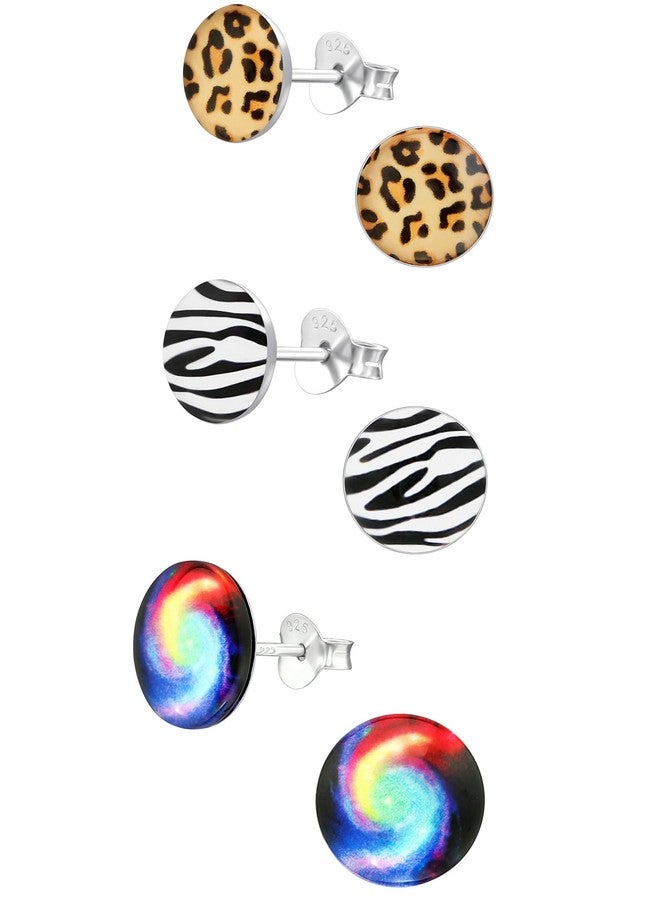 آيسروز طقم من 3 أزواج من الأقراط المرصعة بنقشة جلد النمر وخطوط الحمار الوحشي وشكل المجرة الحلزونية، مصنوعة من الفضة الإسترليني عيار 925 (خالية من النيكل). - Image 1