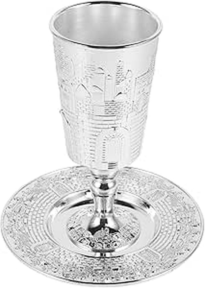 Elegant Shabbat Cup Set with Saucer Zinc Alloy Wine Goblet for Holiday Decor and Gifting - Image 1