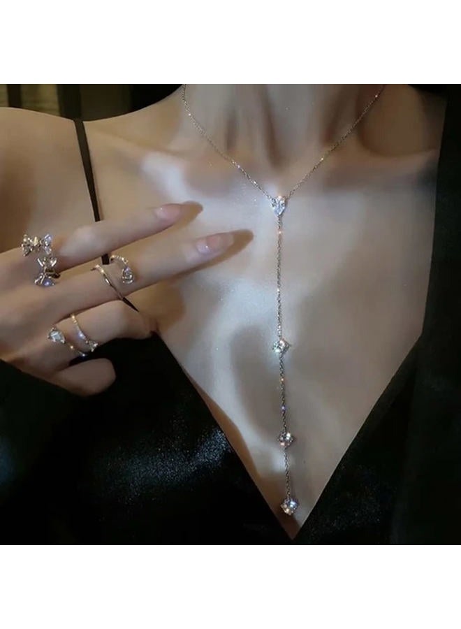 Jumwrit Dainty Chain Choker Necklace Rhinestone Teardrop Necklace Long Tiny Chain Necklace Silver Y Necklace Minimalist Necklace for Women Girls - Image 3
