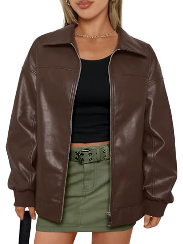AUTOMET Womens Oversized Leather Jackets Zip Up Coats Faux Motorcycle Bomber Outfits Fall Trendy Fashion Winter Clothes 2026 Brown S - Image 1