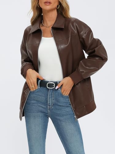 AUTOMET Womens Oversized Leather Jackets Zip Up Coats Faux Motorcycle Bomber Outfits Fall Trendy Fashion Winter Clothes 2026 Brown S - Image 3