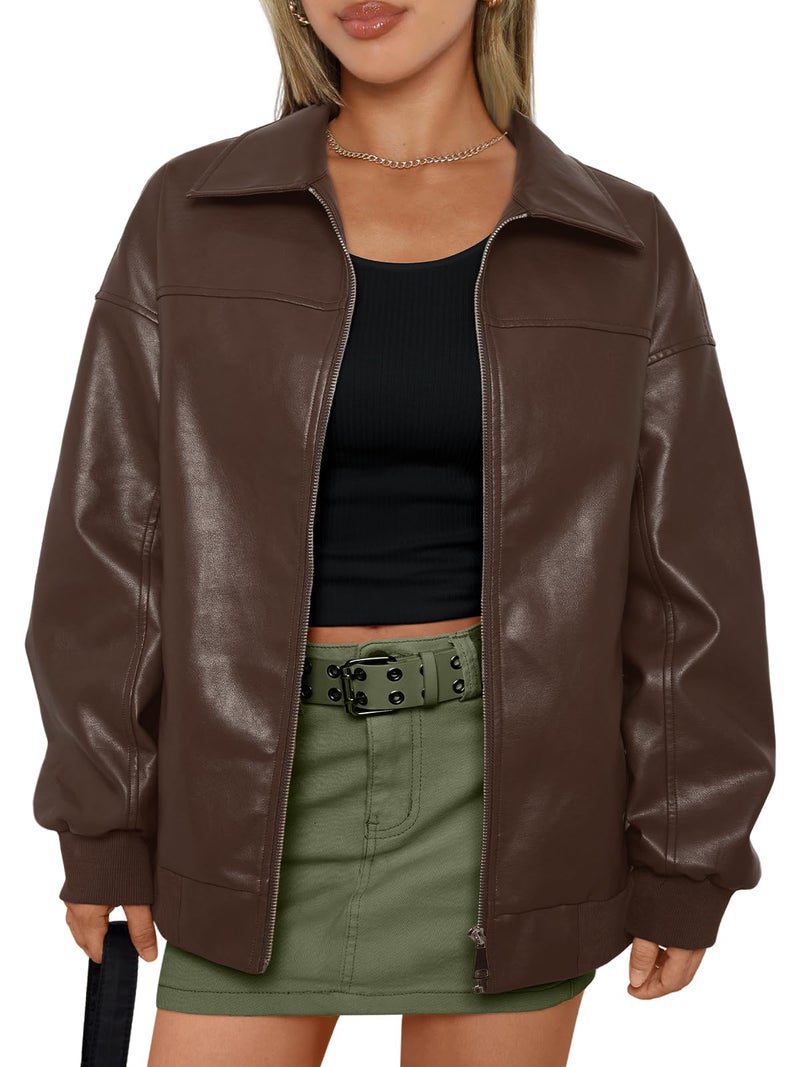 AUTOMET Womens Oversized Leather Jackets Zip Up Coats Faux Motorcycle Bomber Outfits Fall Trendy Fashion Winter Clothes 2026 Brown S - Image 2