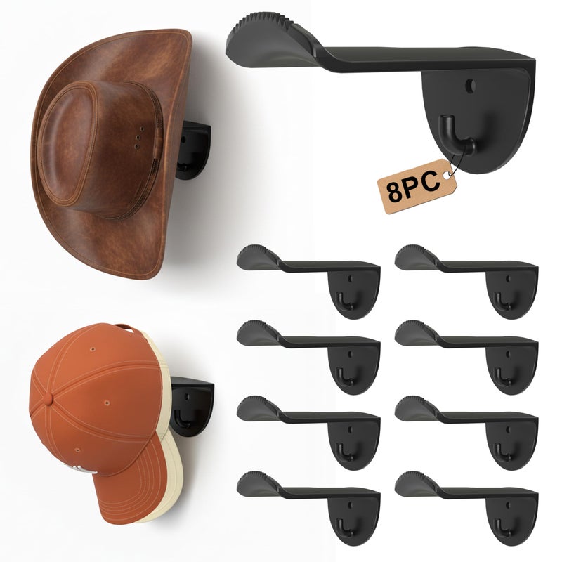 TUSPIPAL Adhesive Hat Hooks for Wall, 8 Pack, 2.9" Cowboy Hat Rack Prevents Deformation, Hat Hangers with Key Hook for Baseball Caps & Fedora, Drill or Stick, Western Decor Organizer, Black - Image 1