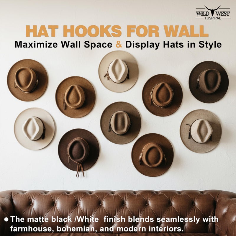 TUSPIPAL Adhesive Hat Hooks for Wall, 8 Pack, 2.9" Cowboy Hat Rack Prevents Deformation, Hat Hangers with Key Hook for Baseball Caps & Fedora, Drill or Stick, Western Decor Organizer, Black - Image 3